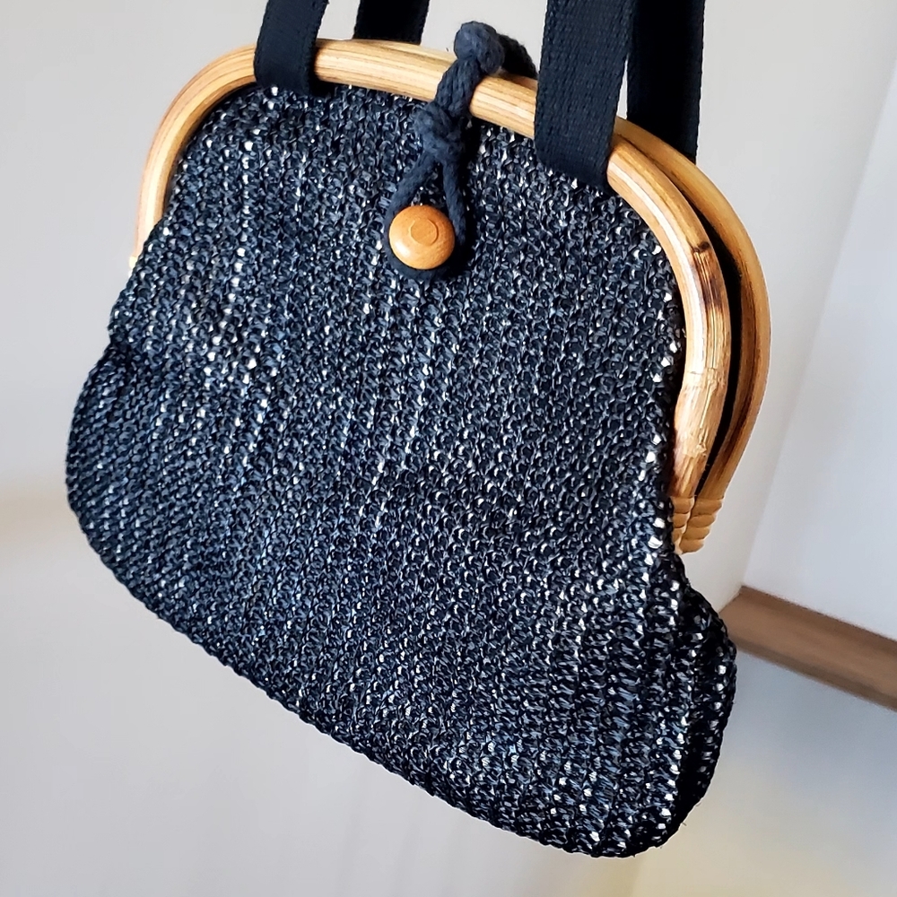 Vintage 1950's Black Woven Rafia Overlay Bamboo Frame Shoulder Bag, EUC - Picture 2 of 15